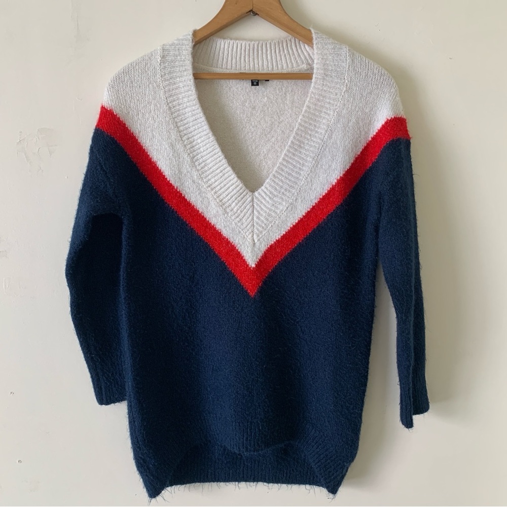 DYNAMITE Soft V-Neck Sweater - Navy, Red, White